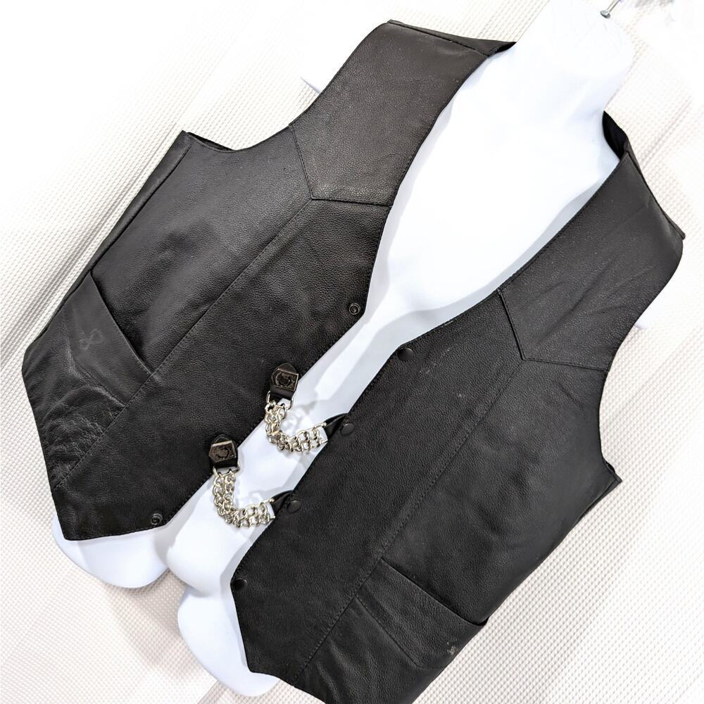 ALLSTATE LEATHER! HEAVY BLACK GENUINE LEATHER BIKER/MOTO VEST POW CHAINS! SZ 2XL